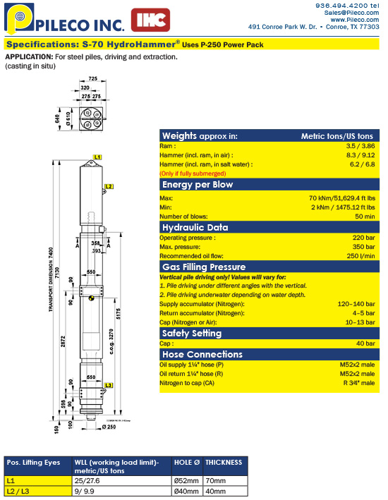 S-70 Hydraulic Impact Hammer, double acting. Hydrohammer